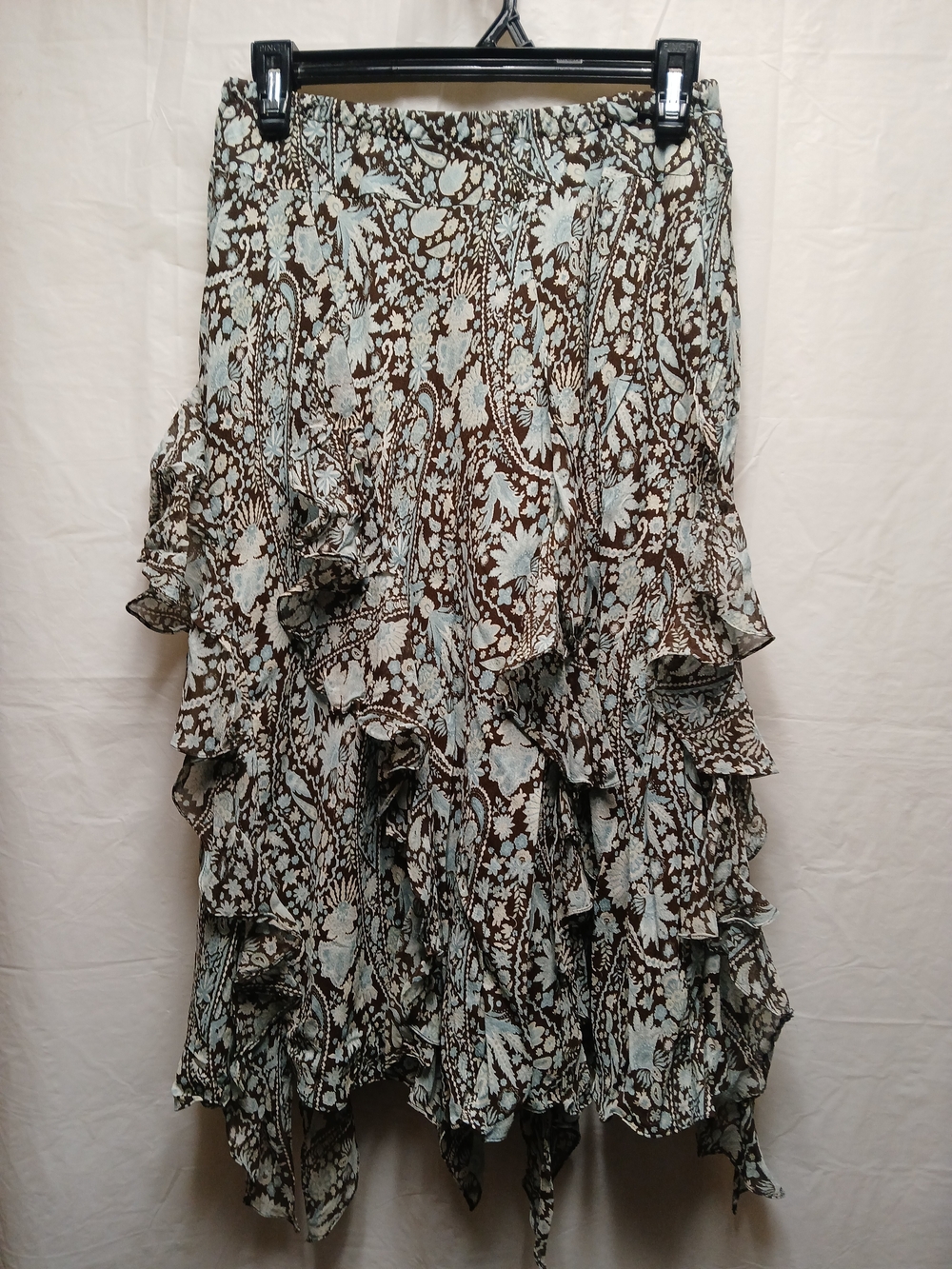 Jones New York Brown and Light Blue Floral Asymmetrical Ruffle Skirt